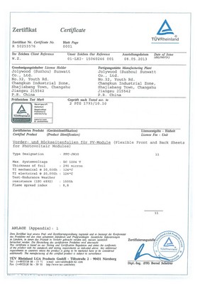 德國(guó)萊茵TUV向蘇州中來光伏新材股份有限公司頒發(fā)大中華區(qū)首張?zhí)?yáng)能背板證書